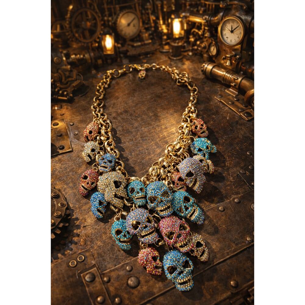 Jane Stone Crystal Skull Necklace Multicolor Gold Tone Statement Gothic 19”  23”